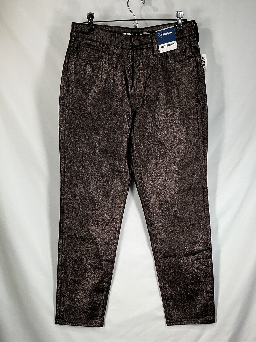 Old Navy NWT Black Shine OG Straight Metallic Jeans High Rise Coated Pants 4